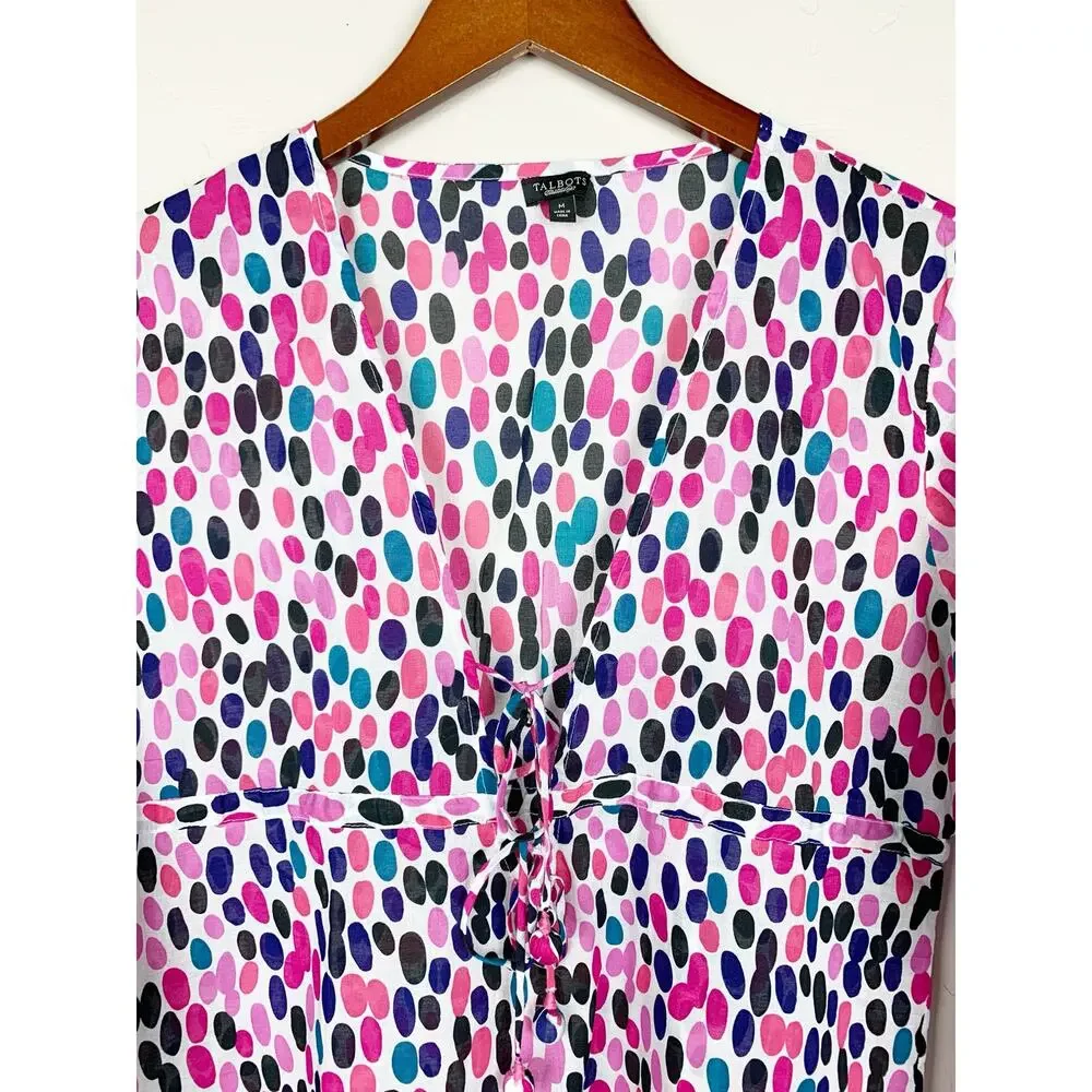 Talbots Cover Up White Pink Spotted Cotton Long Sleeve Tie Front Tunic Women's M